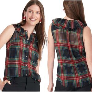 J. Crew Blouse Womens Small Ruffle Collar Tartan Plaid Sleeveless Preppy